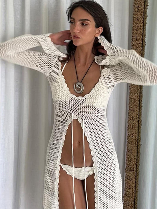 Sexy Fishnet Lace-up Hollow Out Without Bikini Set Swimwear Cover Dress