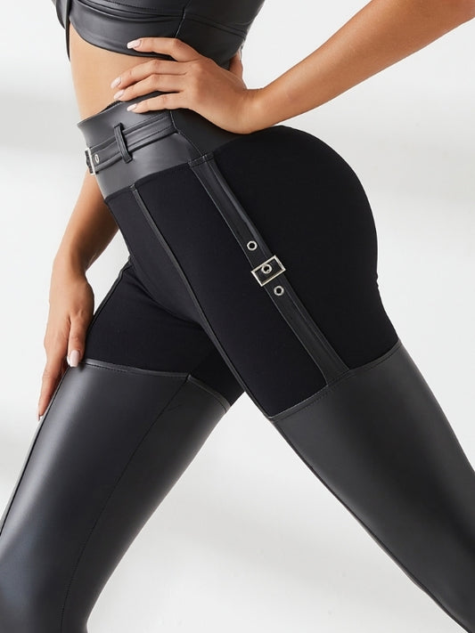 ❤PU Glossy Metal Buttons Hip-lift Leggings