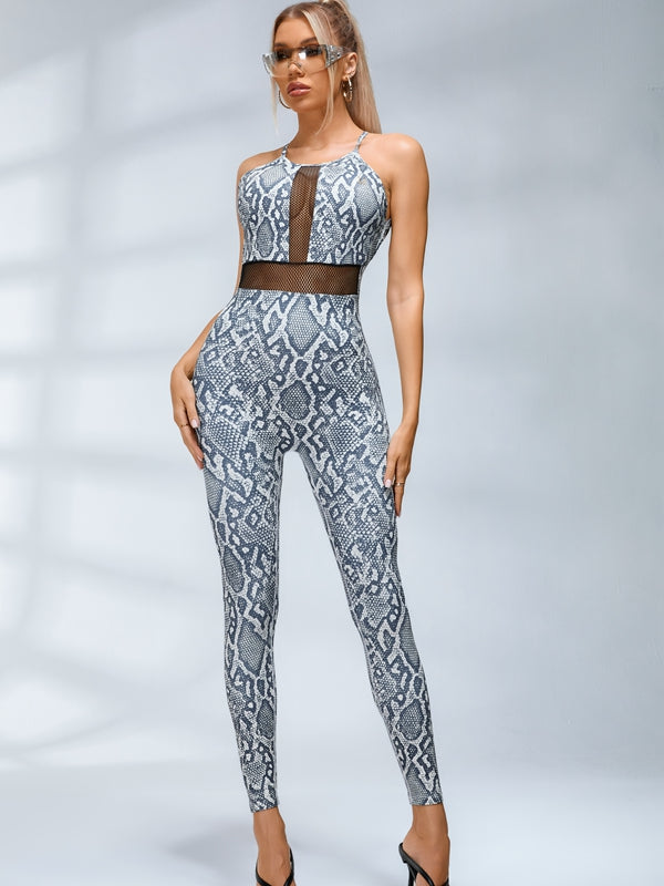 Sexy rückenfreie Overall mit Schlangenprint und Fischnetz