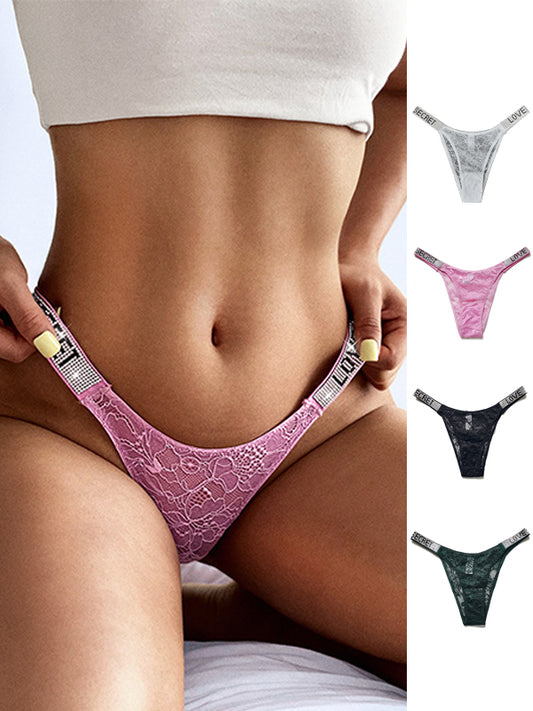 Letters Print Dazzling Crystal Lace Underwear