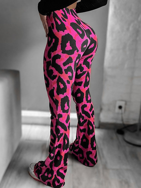 V-shaped Waist Contrast Color Leopard Print Flare Leggings