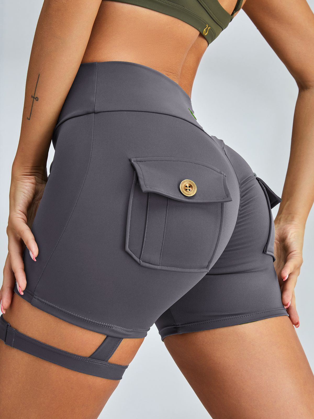 Unique Cut Out Pocket Mesh Scrunch Bum Spandex Gym Booty Shorts