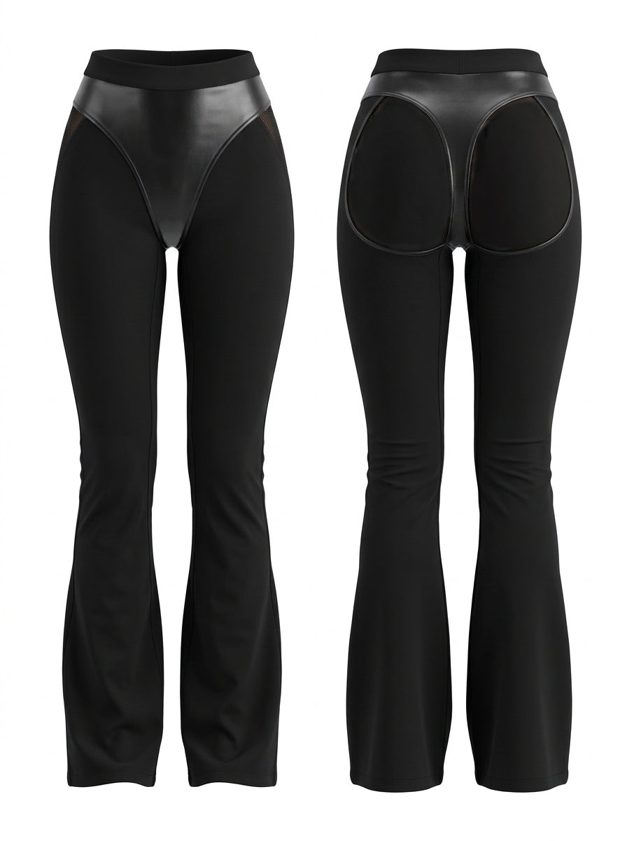 Women's Black Faux Leather Panel Flare Leggings