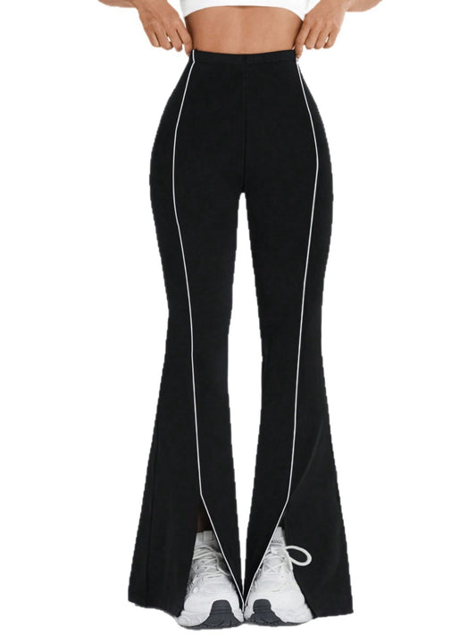 High-Waisted Flared Leggings with Contrast Piping and Split Hem