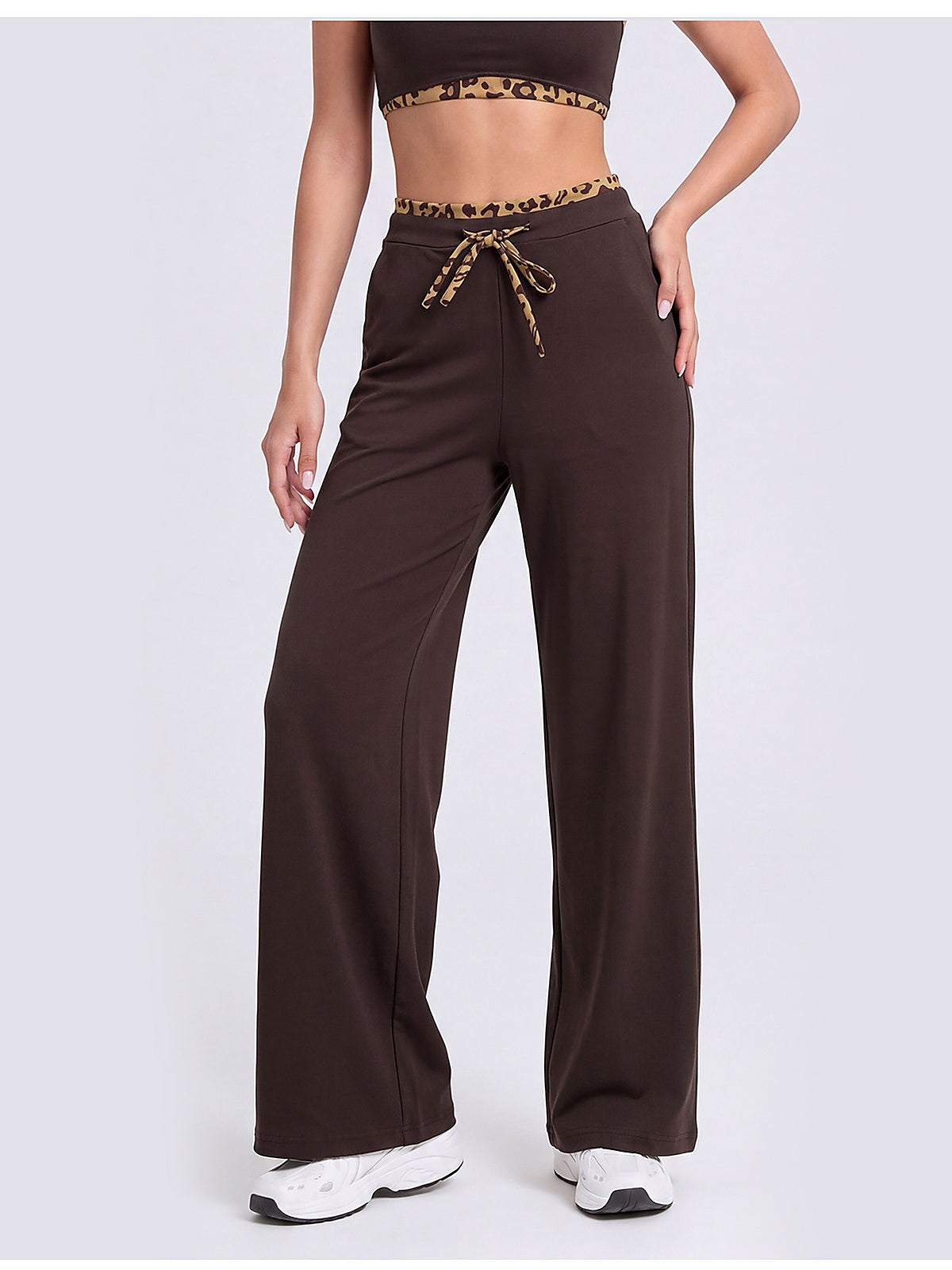 Women's Wide Leg Drawstring Lounge Pants with Leopard Trim