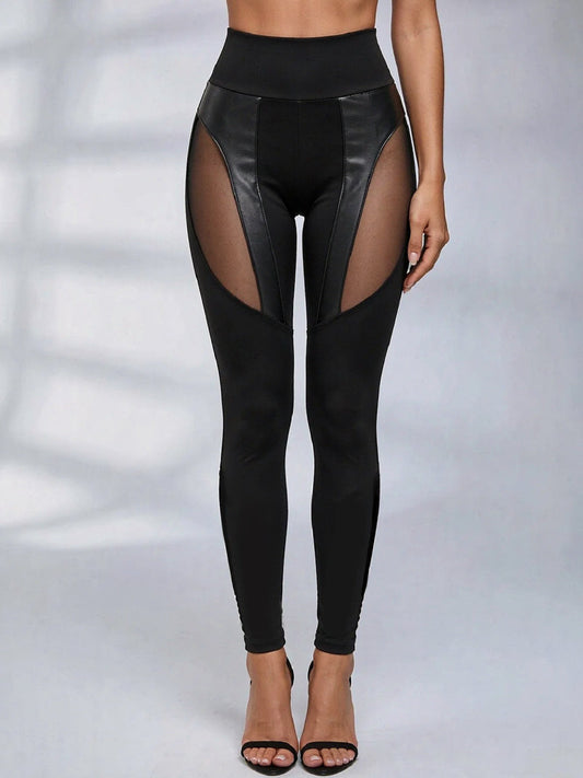 Sexy Faux Leather & Mesh Splicing High Waist Leggings