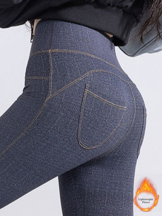 Denim Fleece Pocket Elastic Tight Leggings