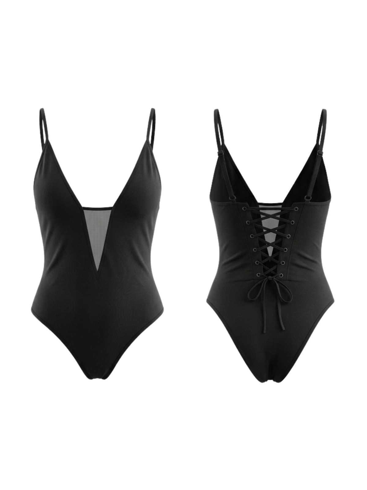 Deep V Mesh Front Lace-Up Back One Piece Bodysuit