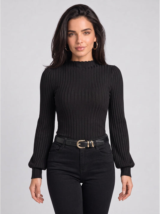 Ribbed Ruffle Mock Neck Lantern Sleeve Bodysuit