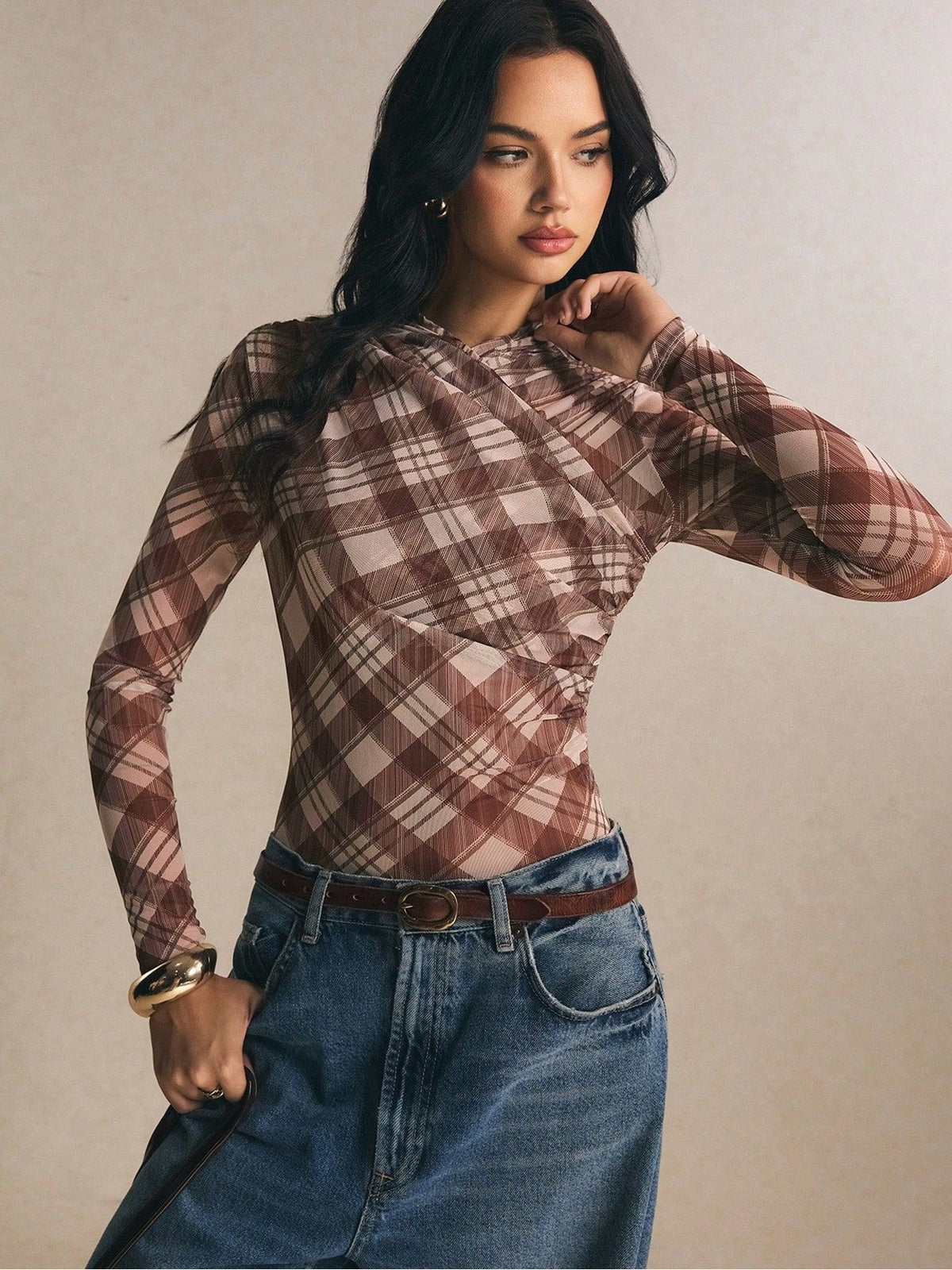 Plaid Mesh Crossover Long Sleeve Bodysuit