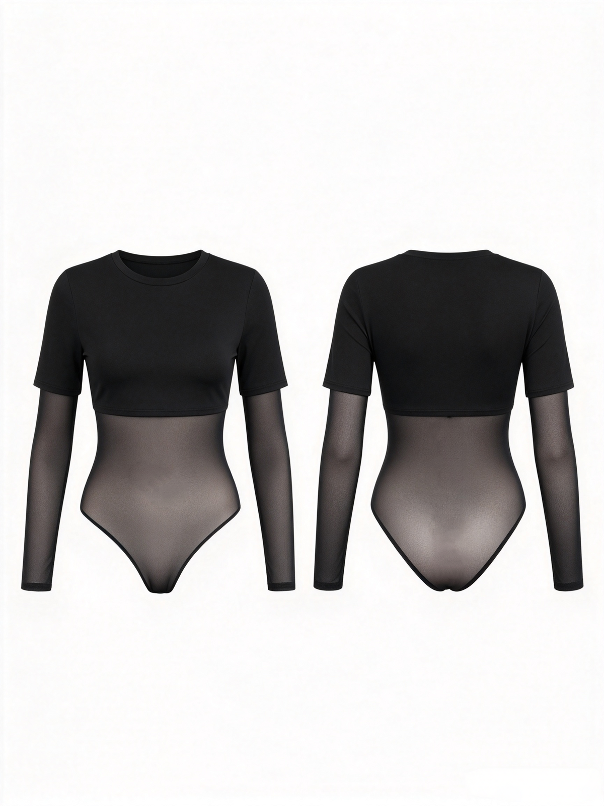 Black Mesh Splicing Long Sleeve Thong Bodysuit