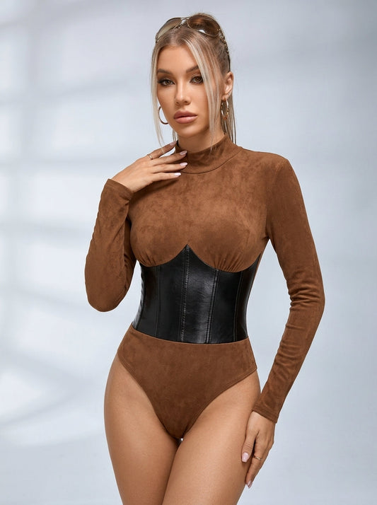 Faux Leather Corset Detail Long Sleeve Bodysuit