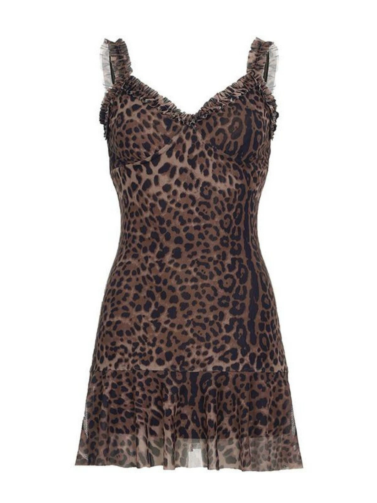 Ruffle V Neck Leopard Print Ruched Hem Slip Mini Dress