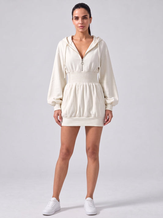 Deep V-Neck Shirred Waist Hooded Mini Dress