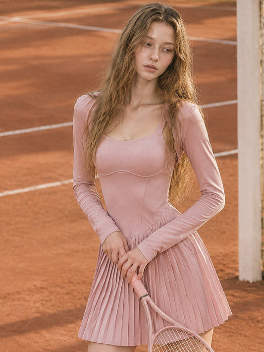 Women's Pleated Tennis Dress with Removable Long-Sleeve Shrug