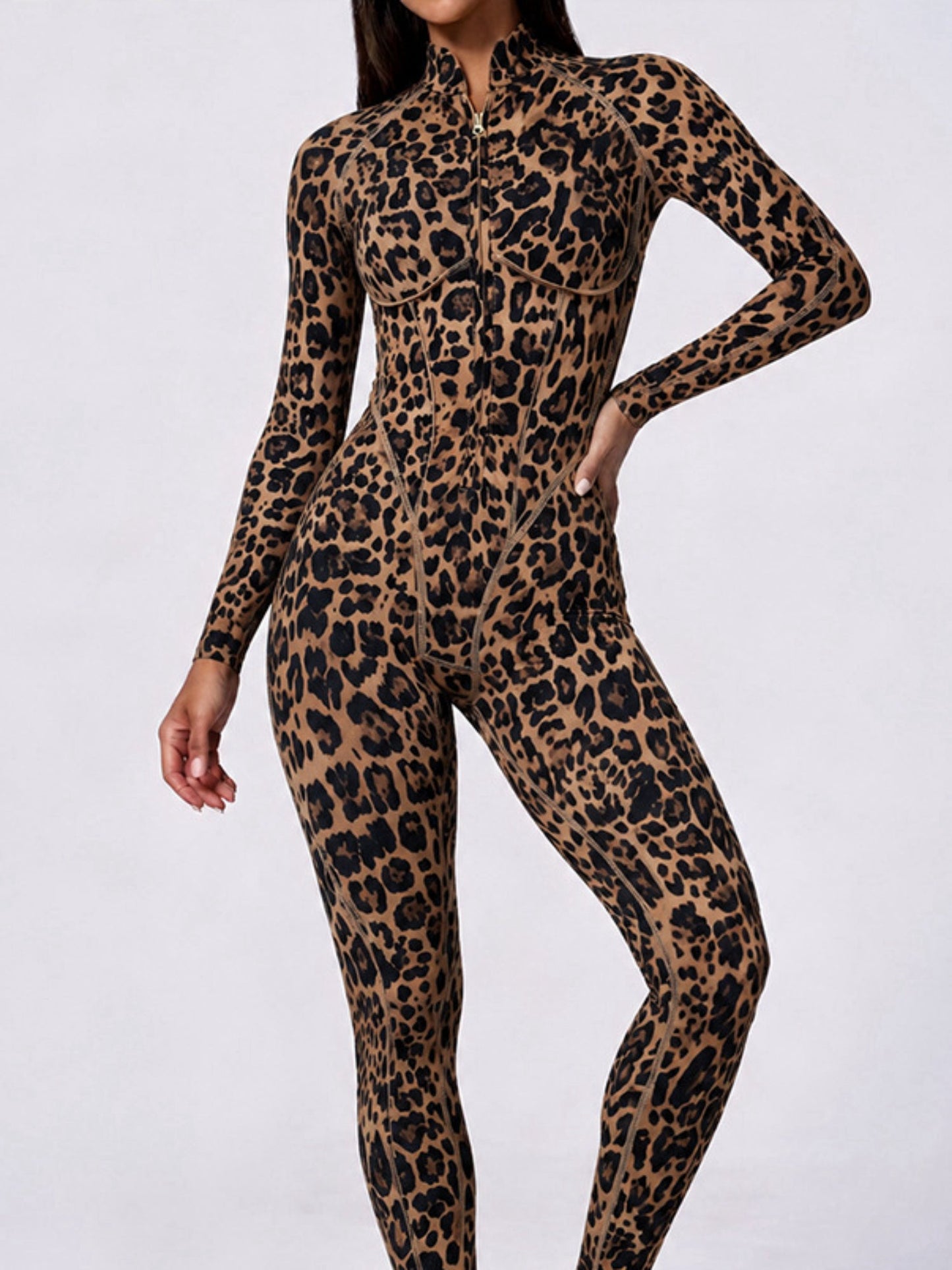 Leopard Print Front Zip Long Sleeve Slim Jumpsuit