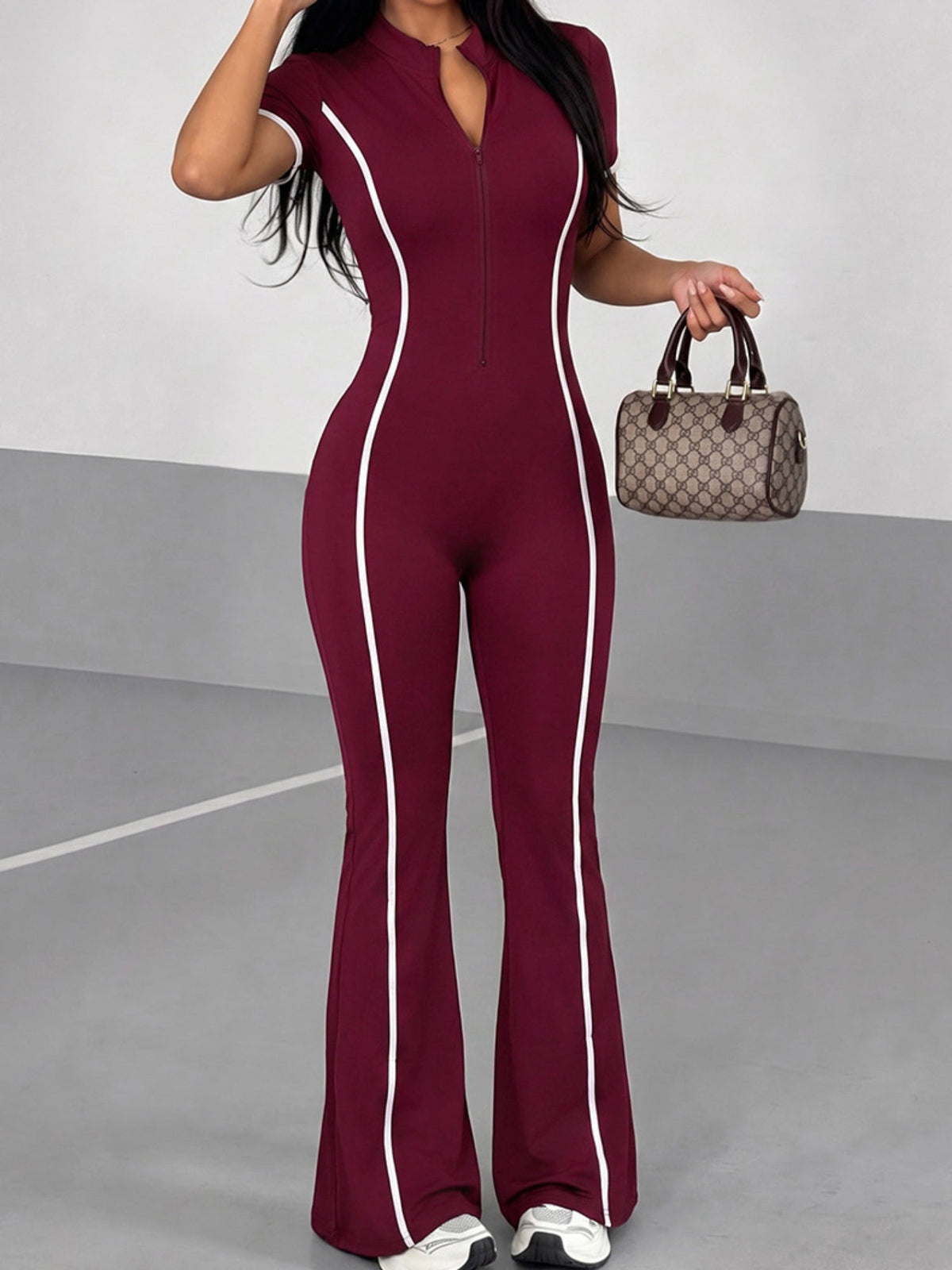 Half Zip Stand Collar Side White Stripe Slim Short Sleeve Flare Jumpsuit