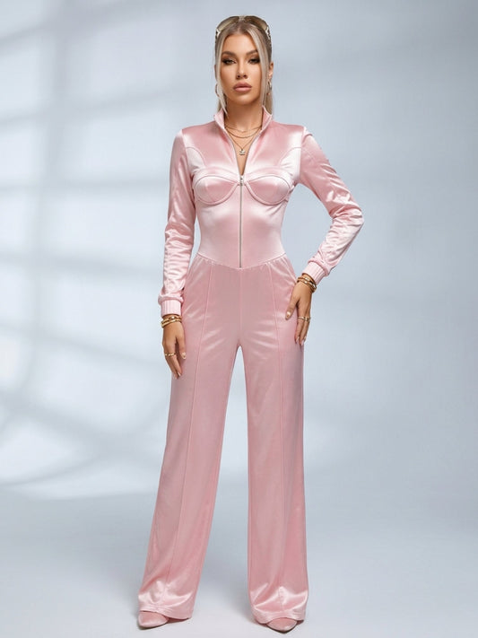 Pink Satin Zip Front Long Sleeve Wide Leg Jumpsuit