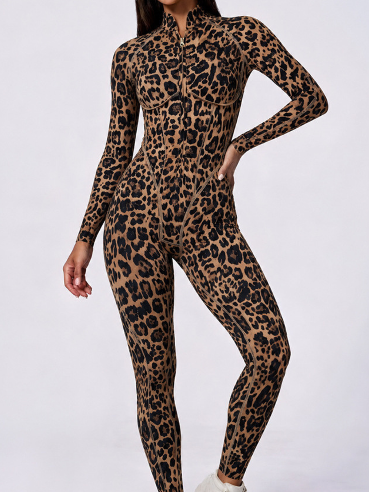 Stand Collar Leopard Gym Jumpsuit