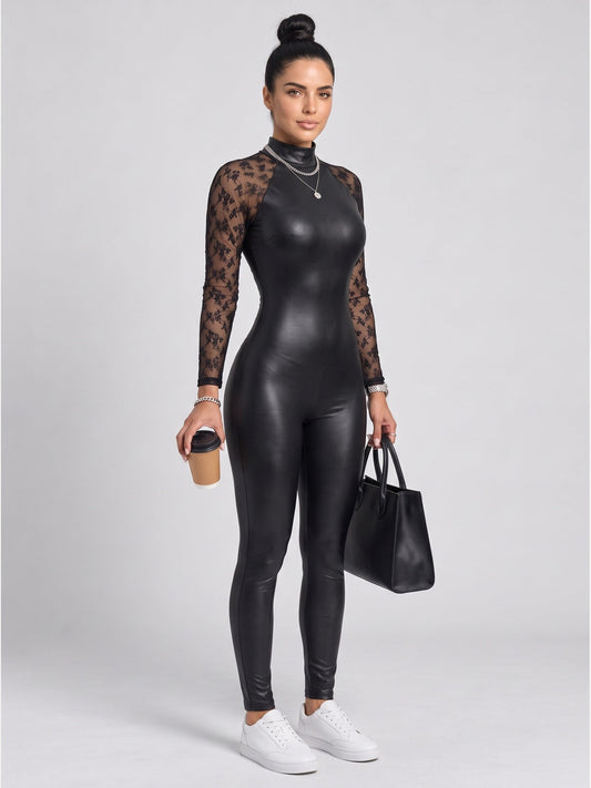 Black Faux Leather & Lace Bodycon Jumpsuit