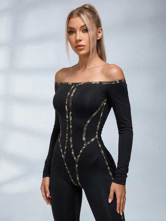 Off-Shoulder Camo Contour Jumpsuit