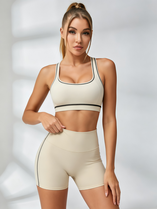 Contrast‑Trim Racerback Sports Bra & High‑Waisted Biker Shorts Set