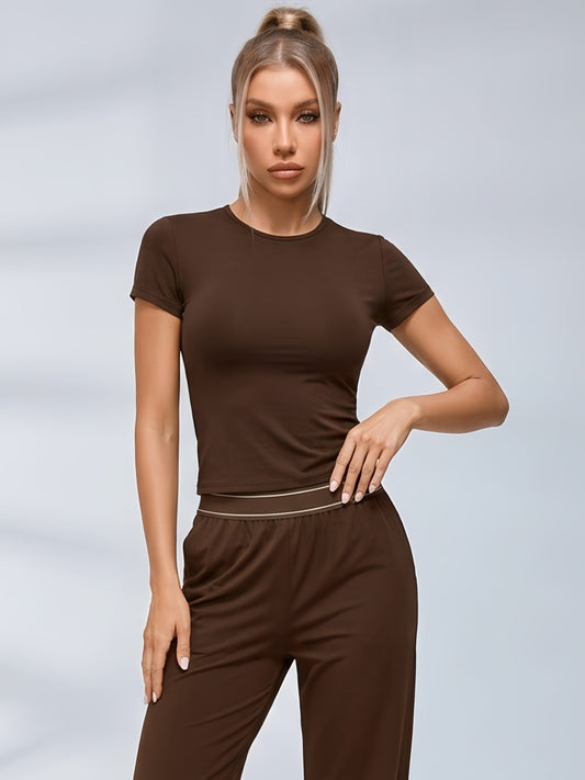 Crew Neck Casual Short Sleeve Wide Leggings Set