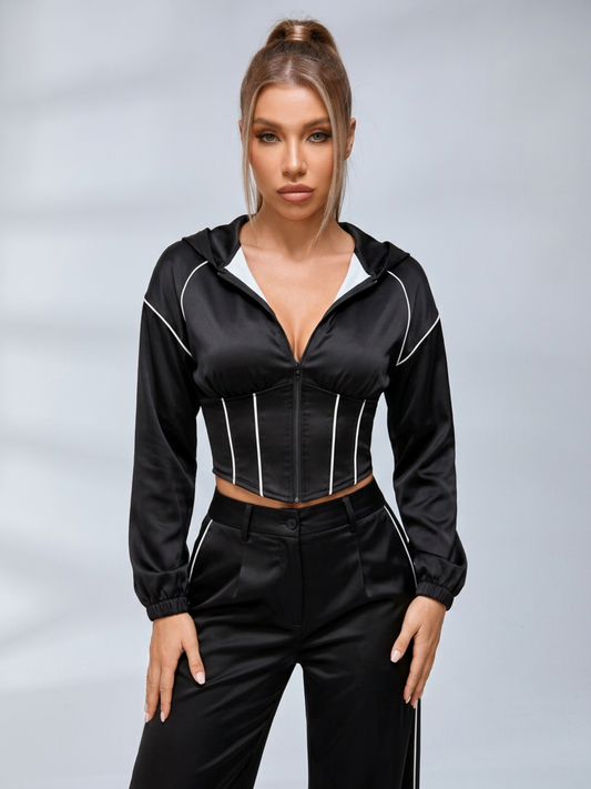 Stripe Trim Hooded Corset Top Wide Leg Pants 2‑Piece Set