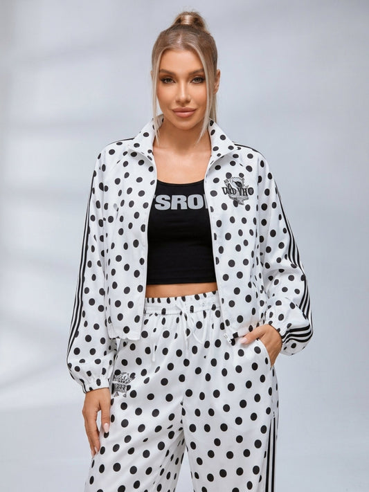 Polka Dot Zip‑Up Jacket Wide Leg Pants 2‑Piece Tracksuit