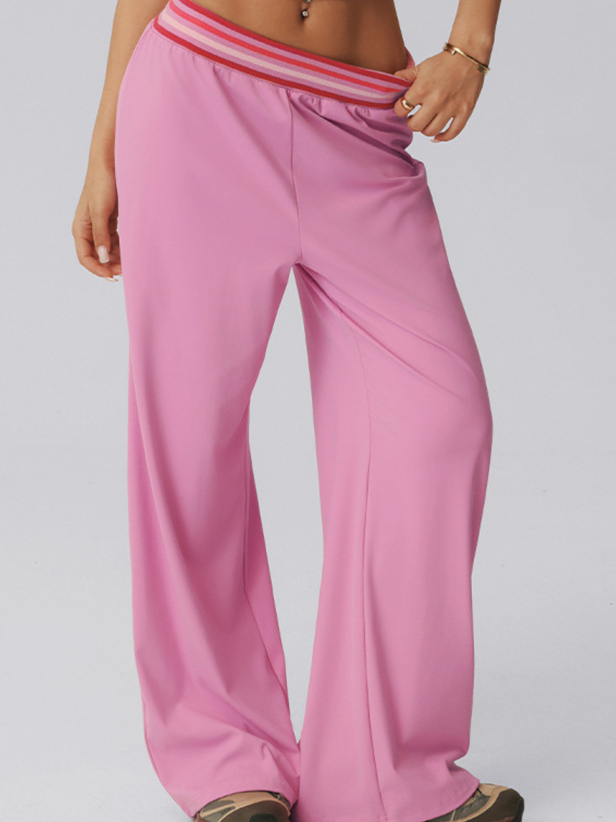 Striped Waist V-Neck Cami & Wide Leg Pants Set