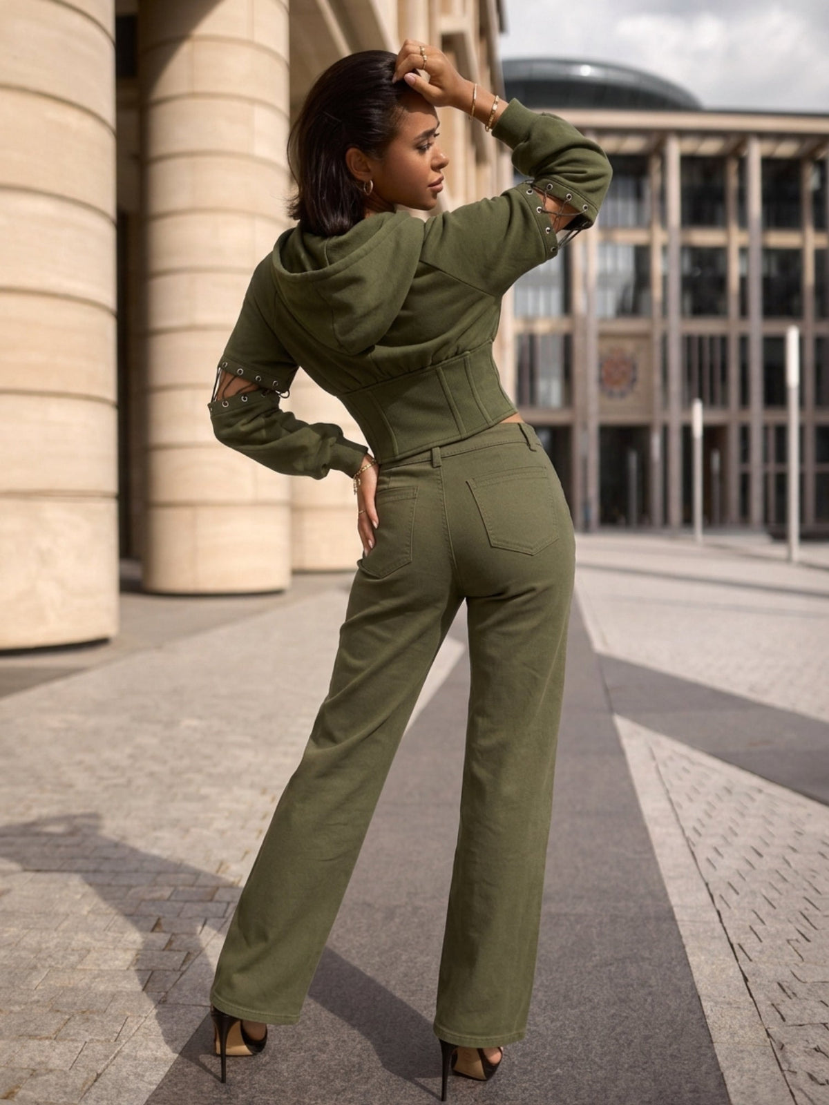 Army Green High Street Cutout Sleeve Waist Slim Hooded 2 Piece Set