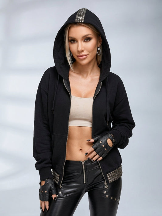 Back Cross Studded Cropped Zip Up Hoodie