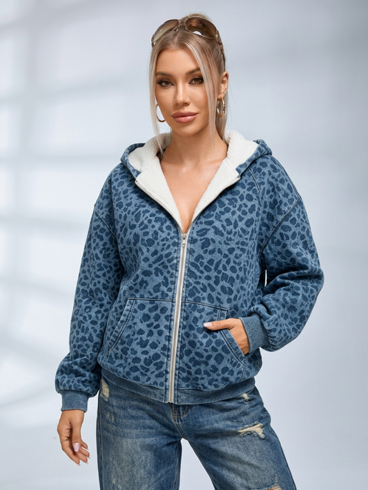 Denim Leopard Print Zip Up Hooded Jacket