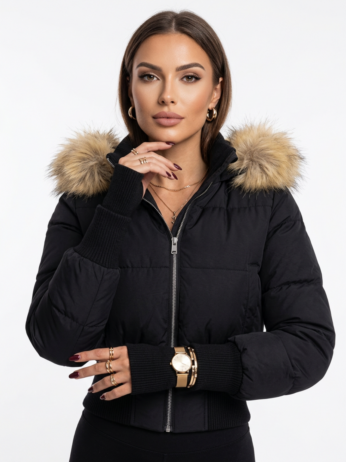 Slim Fit Faux Fur Hooded Short Puffer Outerwear