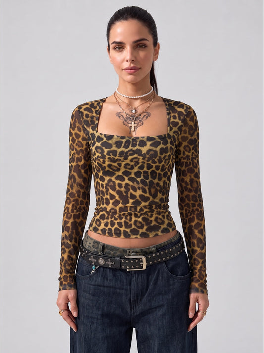 Leopard Print Cropped Square Neck Long Sleeve Top