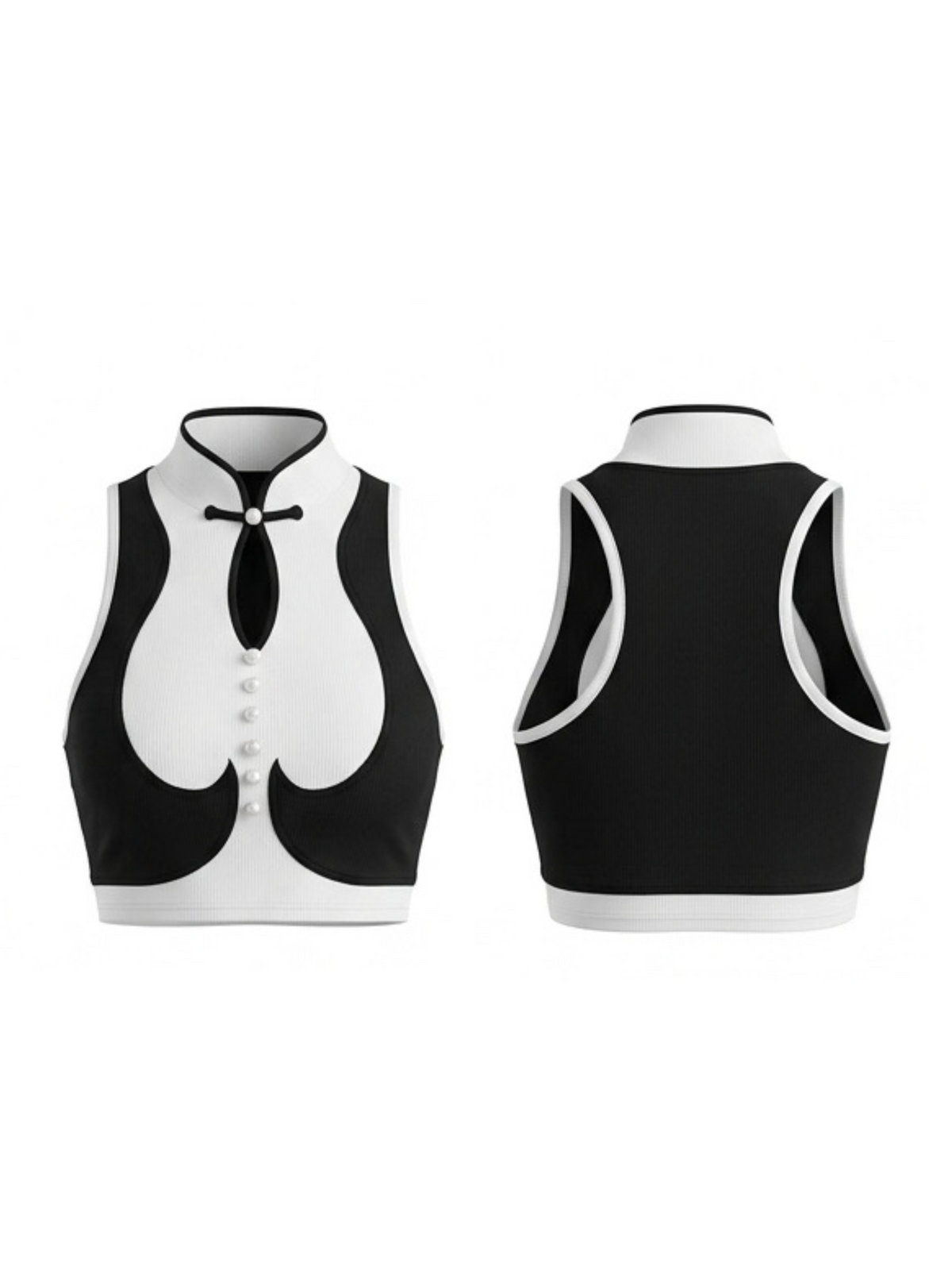 Color Block Frog Button Stand Collar Tank Crop Top