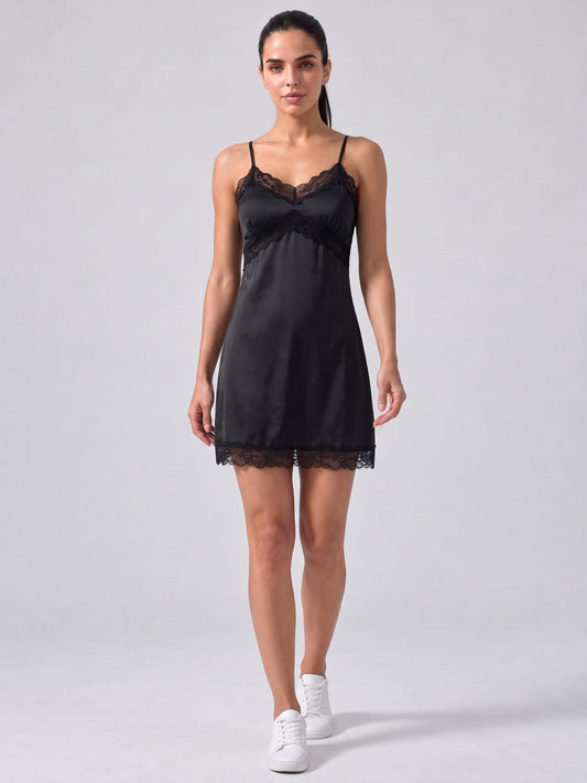 Black Lace Trim Satin Slip Dress