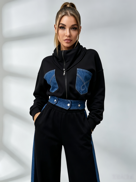 Sexy Denim Contrast Color Pocket Casual Tracksuit