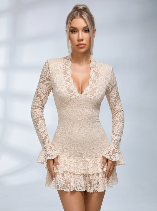 Lace Deep V-Neck Ruffle Hem Mini Dress with Bell Sleeves