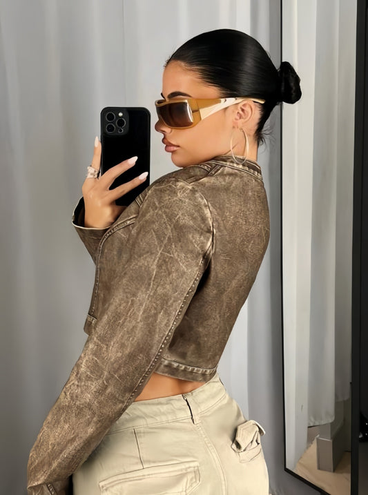 ZASUWA Female Zipper PU Stand Up Collar Jackets