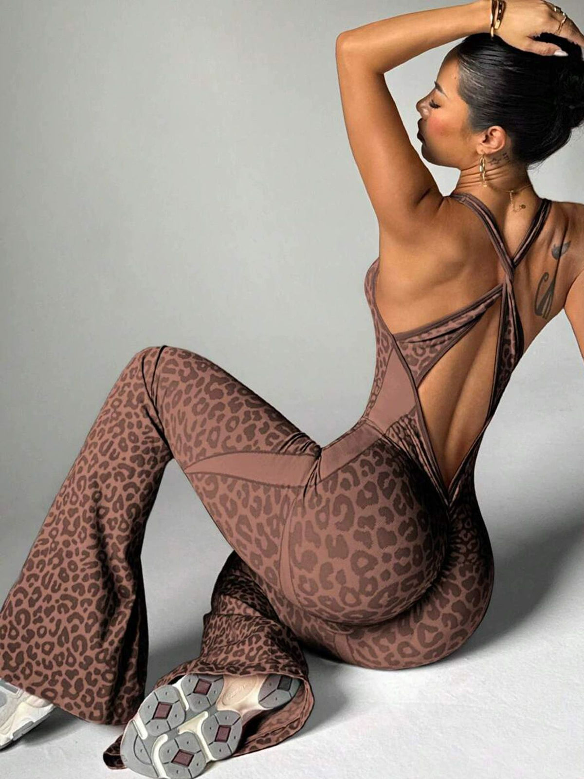 Sexy Leopard Print Hollow Out Cross Back Deep V Back Jumpsuit