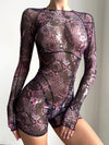 ZASUWA Female Cross Back Sexy Mesh Serpentine Print Romper