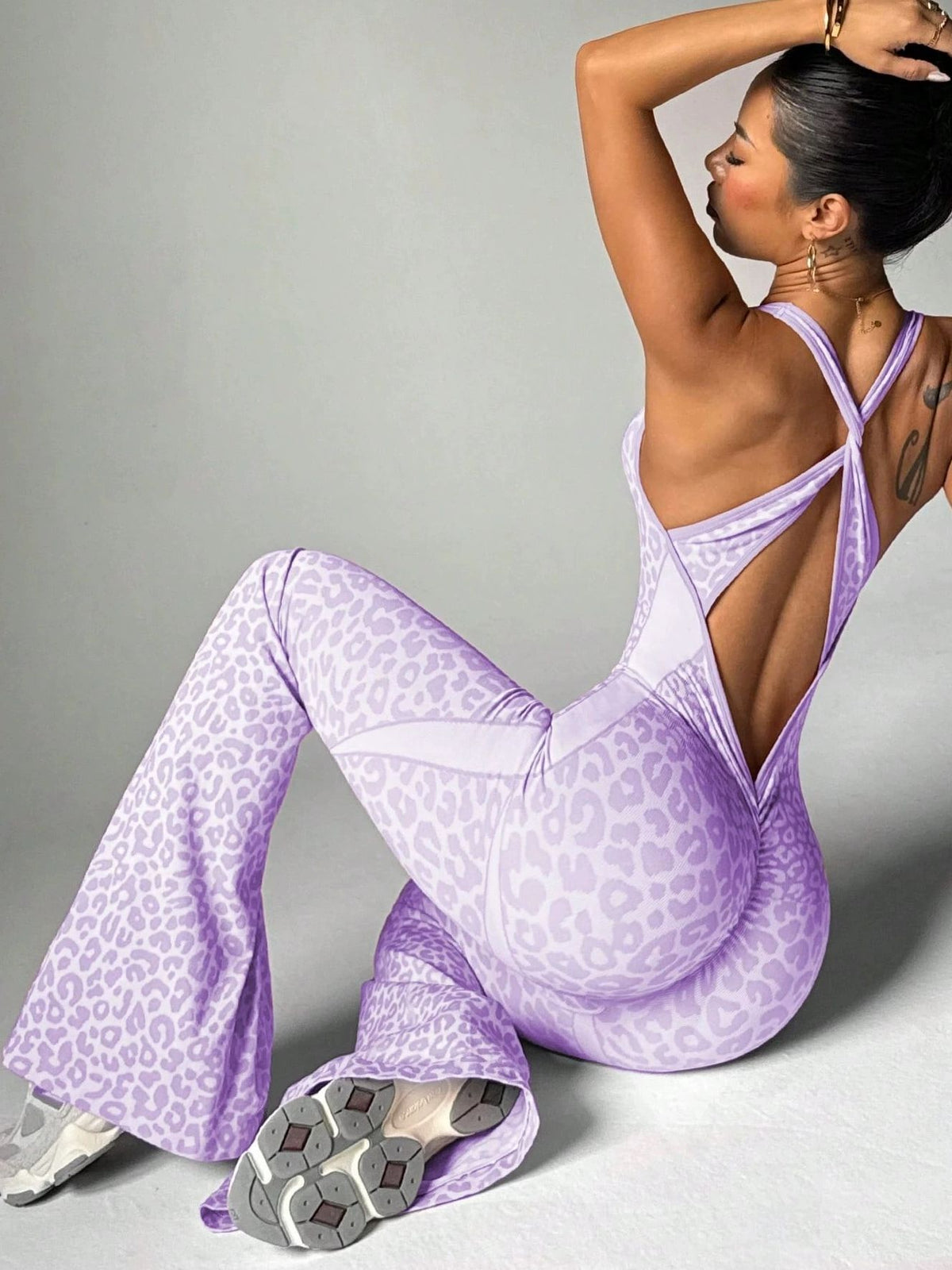 Sexy Leopard Print Hollow Out Cross Back Deep V Back Jumpsuit