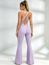 Sexy Leopard Print Hollow Out Cross Back Deep V Back Jumpsuit