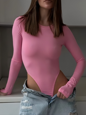 ZASUWA Female Trendy Long-Sleeve Crew Neck Backless Bodysuits