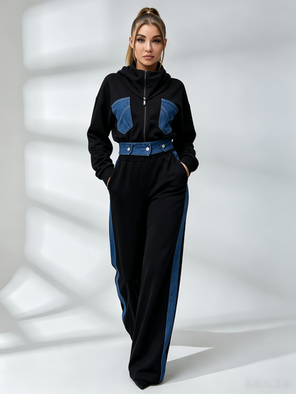 Sexy Denim Contrast Color Pocket Casual Tracksuit