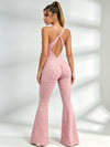 Sexy Leopard Print Hollow Out Cross Back Deep V Back Jumpsuit