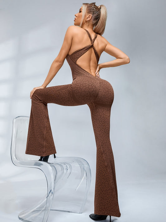Sexy Leopard Print Hollow Out Cross Back Deep V Back Jumpsuit