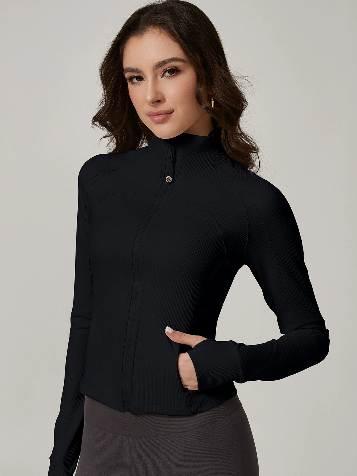 Zipper Stand Up Collar Thumbholes Jackets