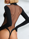 Sexy Deep V See-Through Mesh Patchwork Long Sleeve Bodysuit